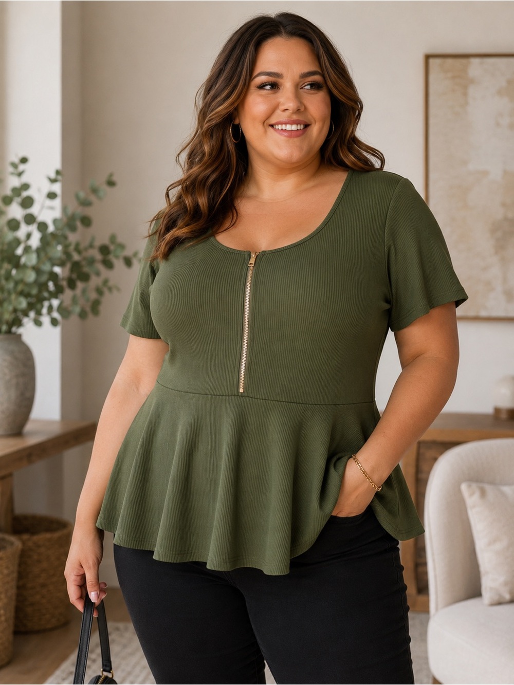 SHEIN Curve 2XL Olive Green Ribbed Peplum Zip Front Top Plus Size Casual